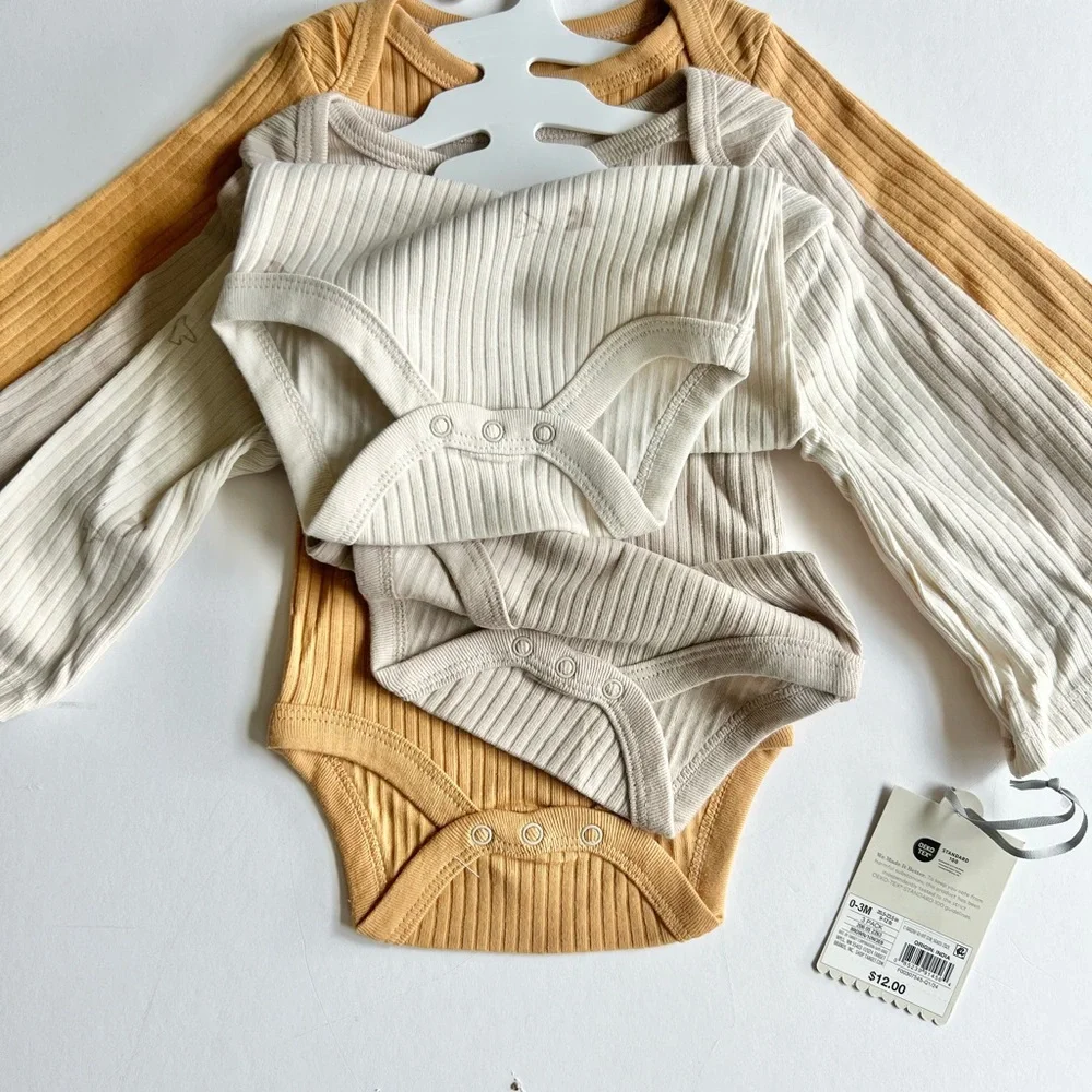 2 Cloud Island 3pc Ribbed Cream and Tan Baby Bodysuit Set Long Sleeve Bird Print - Picture 5 of 13
